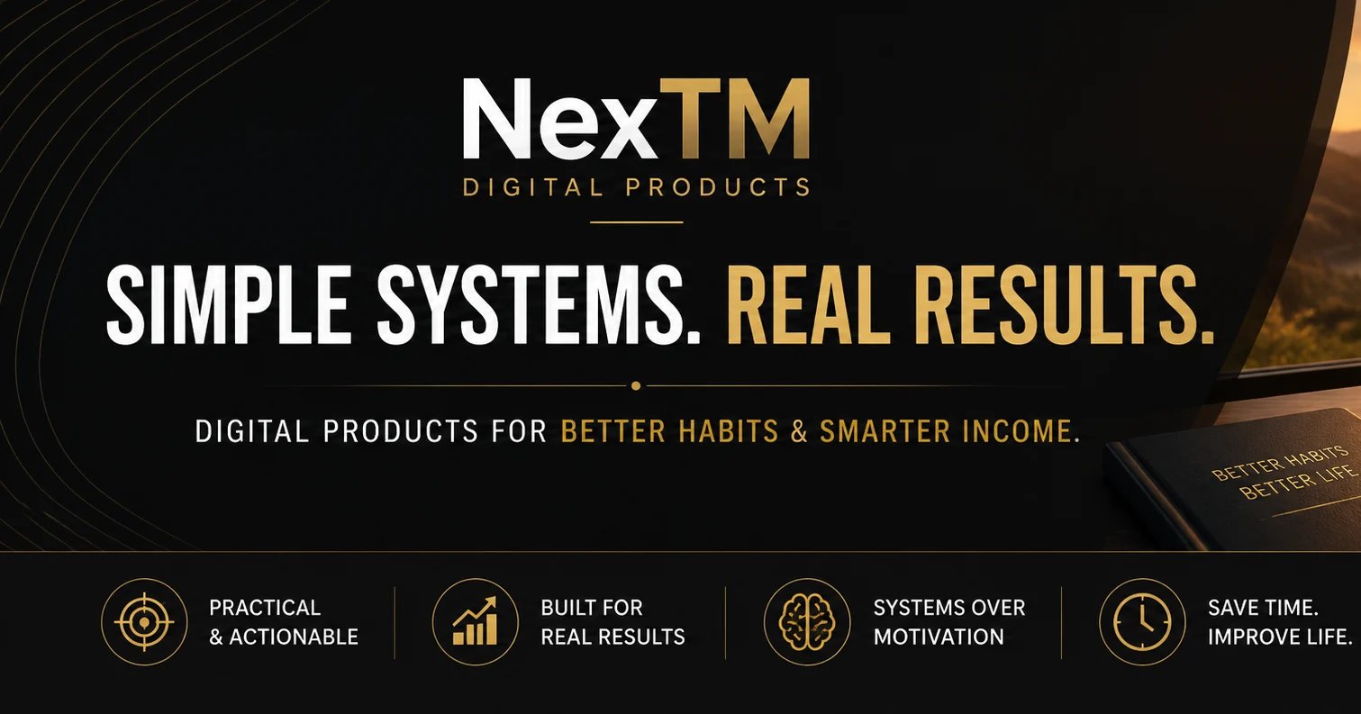 NexTM digital products branding showing tagline Simple Systems Real Results with four benefit icons for practical use, real results, motivation, and time savings