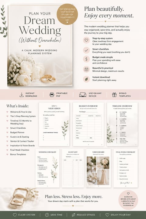 Wedding planning system product page showing planner book with white flowers and gold rings