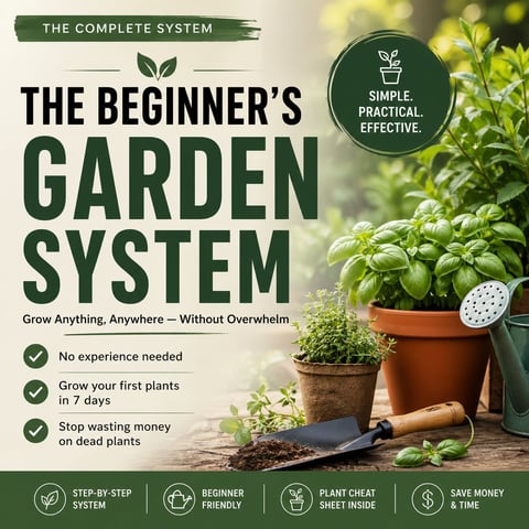 Book cover for The Beginners Garden System featuring potted herbs and plants