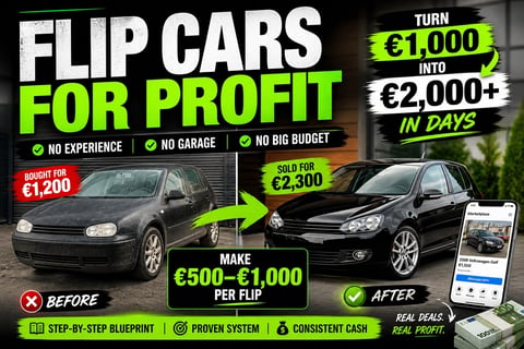 Advertisement for car flipping business showing before and after photos of vehicles with profit margins