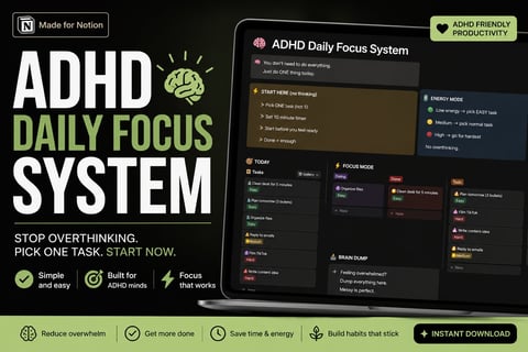 ADHD Daily Focus System product interface showing task management tools with green and black design
