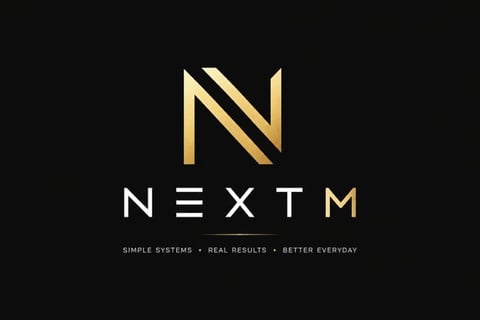 NEXTM logo with gold geometric N symbol and tagline Simple Systems Real Results Better Everyday on black background