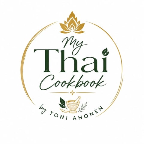 My Thai Cookbook logo by Roni Ahonen featuring gold lotus flower